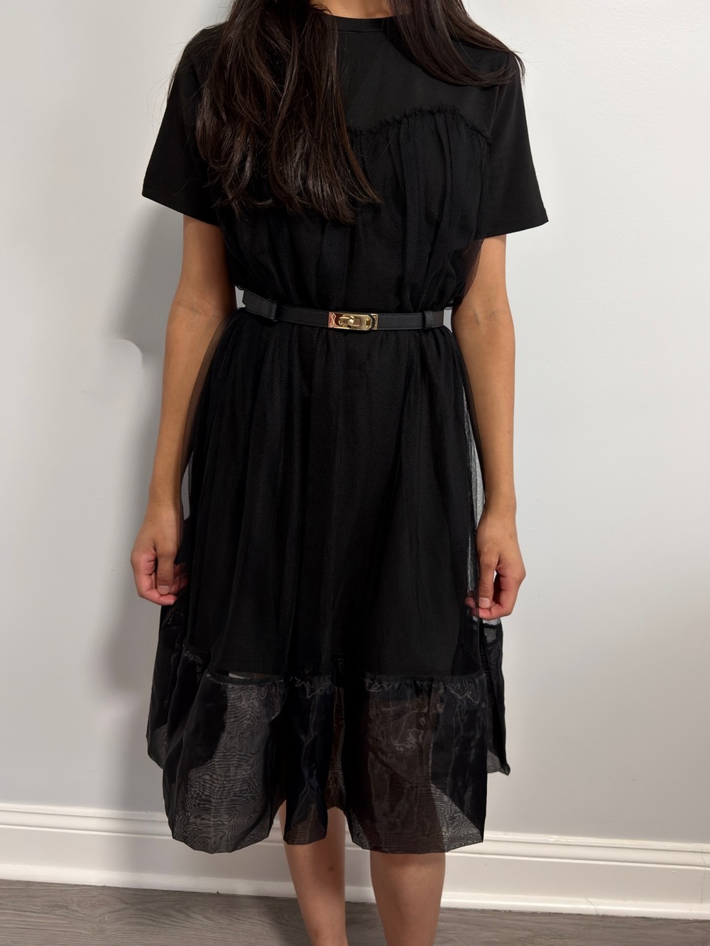 Black Short-Sleeve Midi Dress with Sheer Hem and Waist Belt